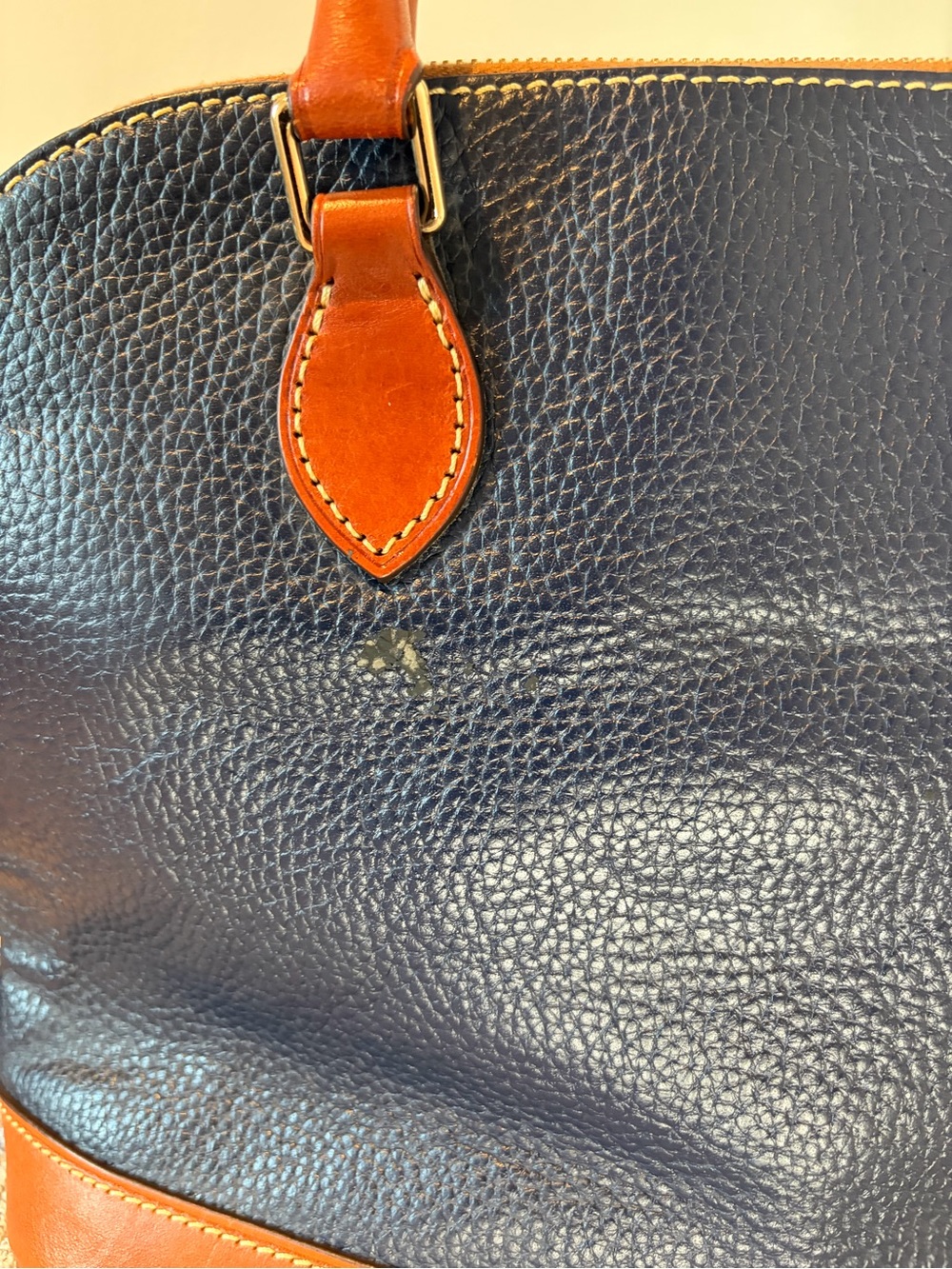 Dooney & Bourke Pebbled Leather Dome Satchel Bag Navy Blue/Brown Trim - Picture 4 of 15